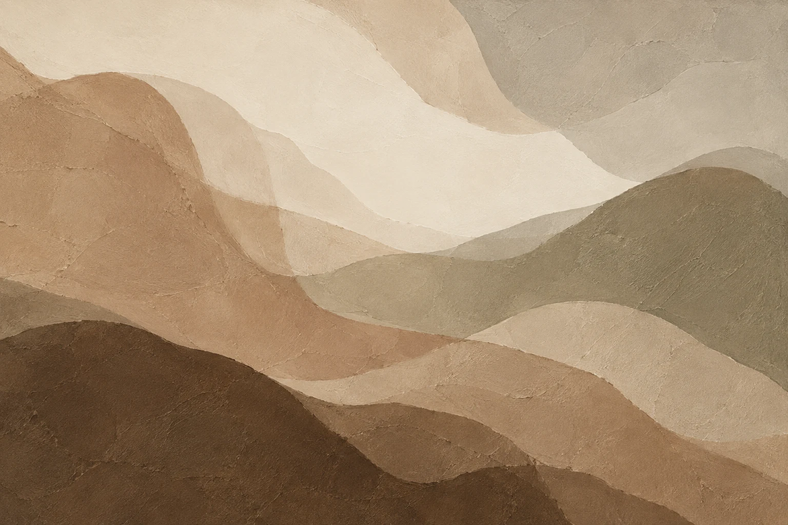Long slow swells with no shore in sand, brown, sage, cream; landscape artwork.