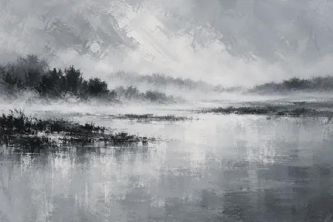 Horizon bands dissolving into morning fog in stone, gray, cream, charcoal; landscape artwork.