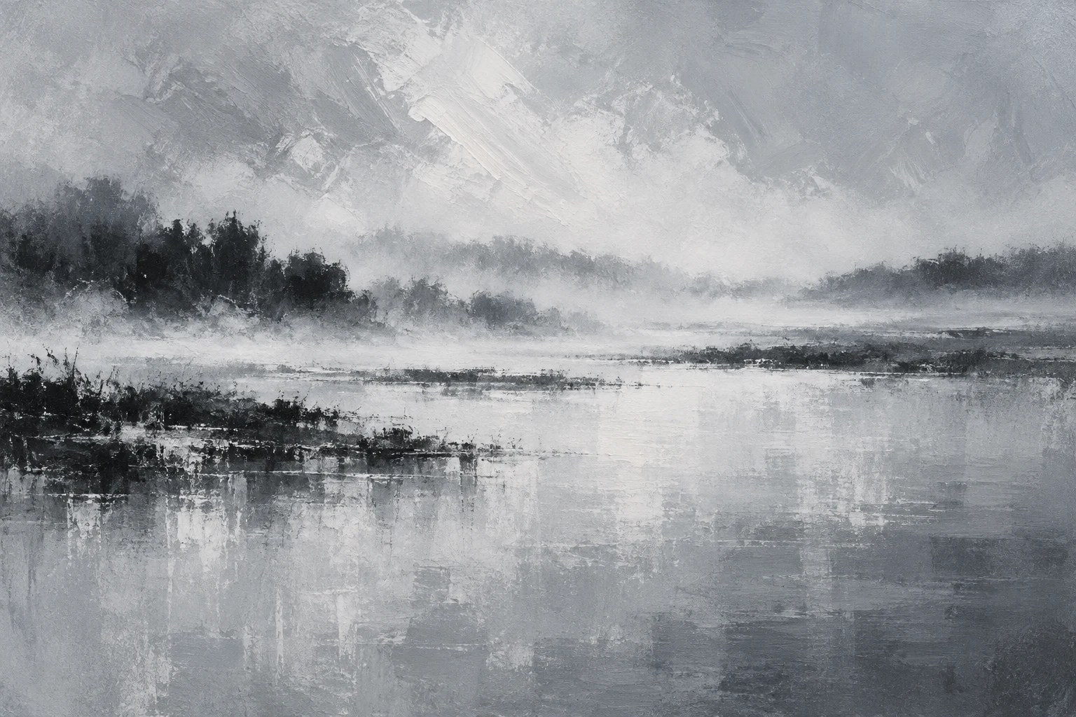 Horizon bands dissolving into morning fog in stone, gray, cream, charcoal; landscape artwork.