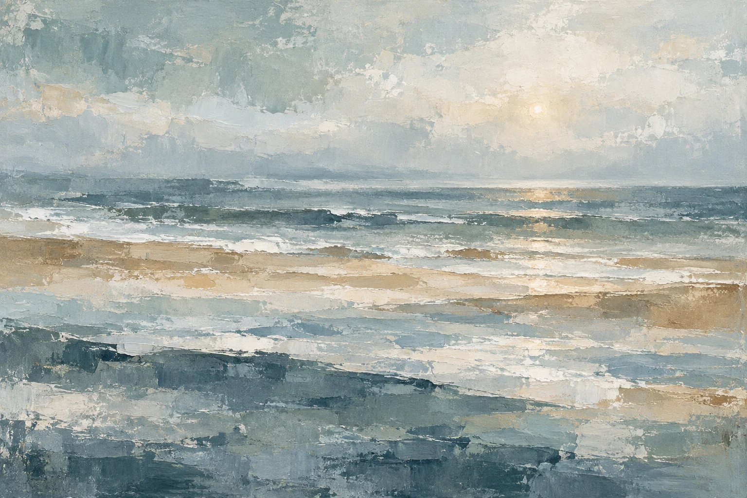 Horizon bands dissolving into morning fog in stone, cream, gray, blue; landscape artwork.