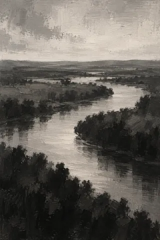A river bend from above in black, stone, charcoal, gray; portrait artwork.