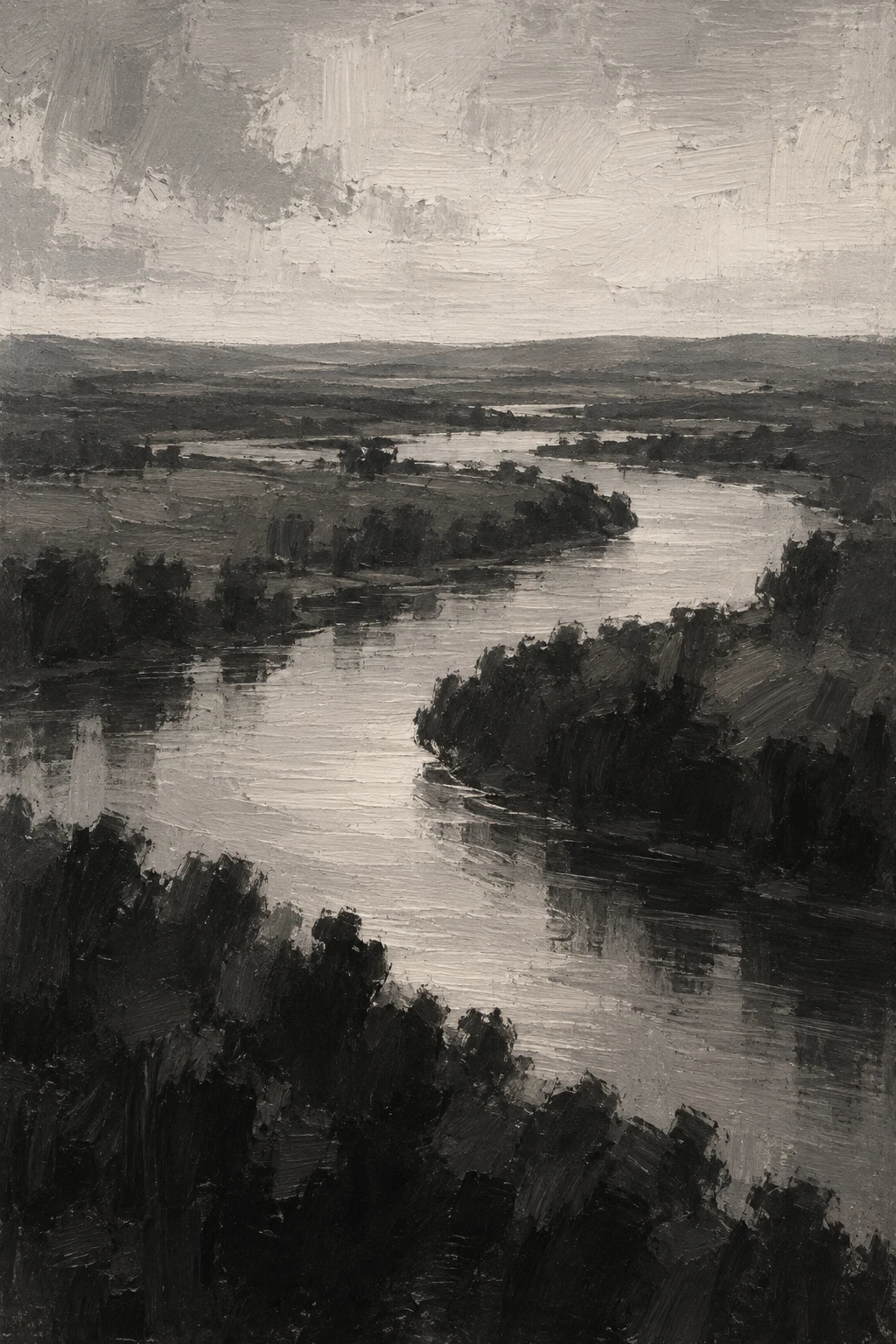 A river bend from above in black, stone, charcoal, gray; portrait artwork.