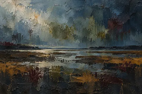 A tidal flat at low water in black, charcoal, gray, brown; landscape artwork.