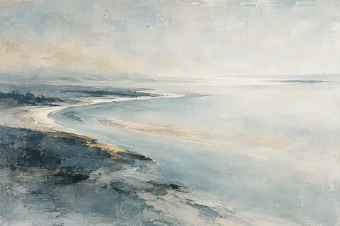 A river bend from above in cream, stone, charcoal, gray; landscape artwork.