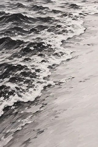 A shoreline foam line seen from above in stone, cream, gray, charcoal; portrait artwork.