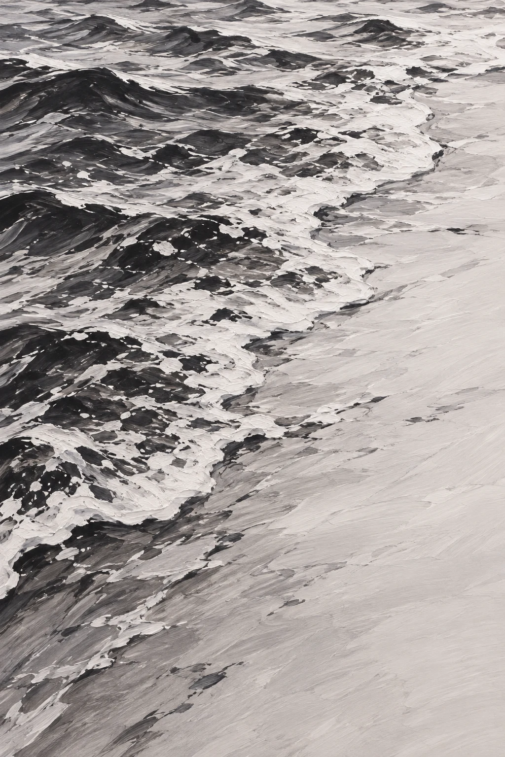 A shoreline foam line seen from above in stone, cream, gray, charcoal; portrait artwork.