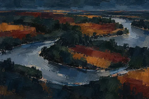 A river bend from above in black, charcoal, navy; landscape artwork.