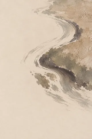 A river bend from above in cream, sand, taupe, stone; portrait artwork.
