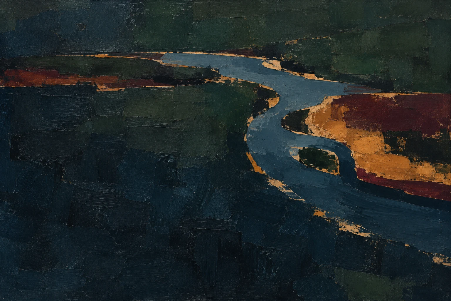 A river bend from above in black, charcoal; landscape artwork.