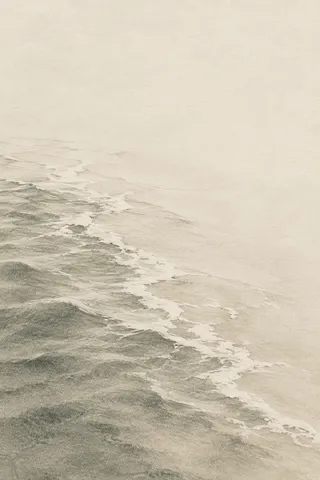 A shoreline foam line seen from above in cream, sand, sage, stone; portrait artwork.