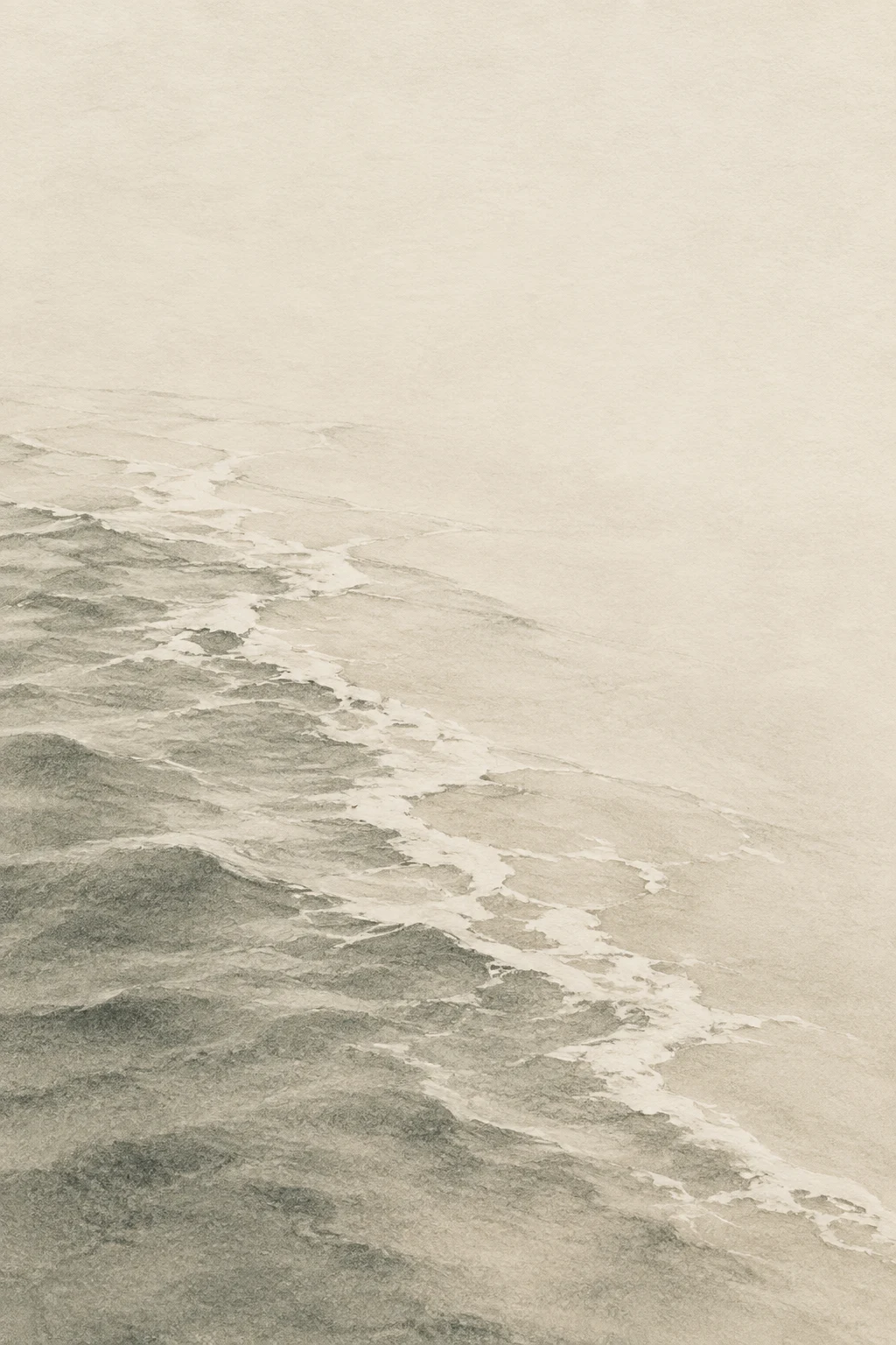 A shoreline foam line seen from above in cream, sand, sage, stone; portrait artwork.