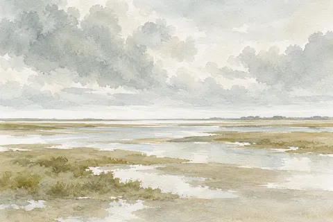 A tidal flat at low water in cream, stone, white, sand; landscape artwork.