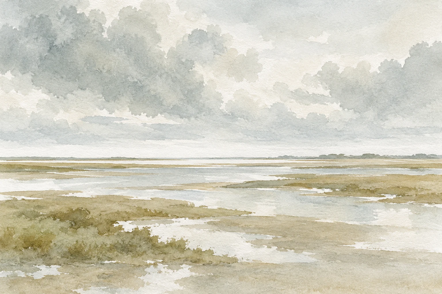 A tidal flat at low water in cream, stone, white, sand; landscape artwork.