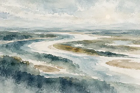 A river bend from above in cream, gray, stone, green; landscape artwork.