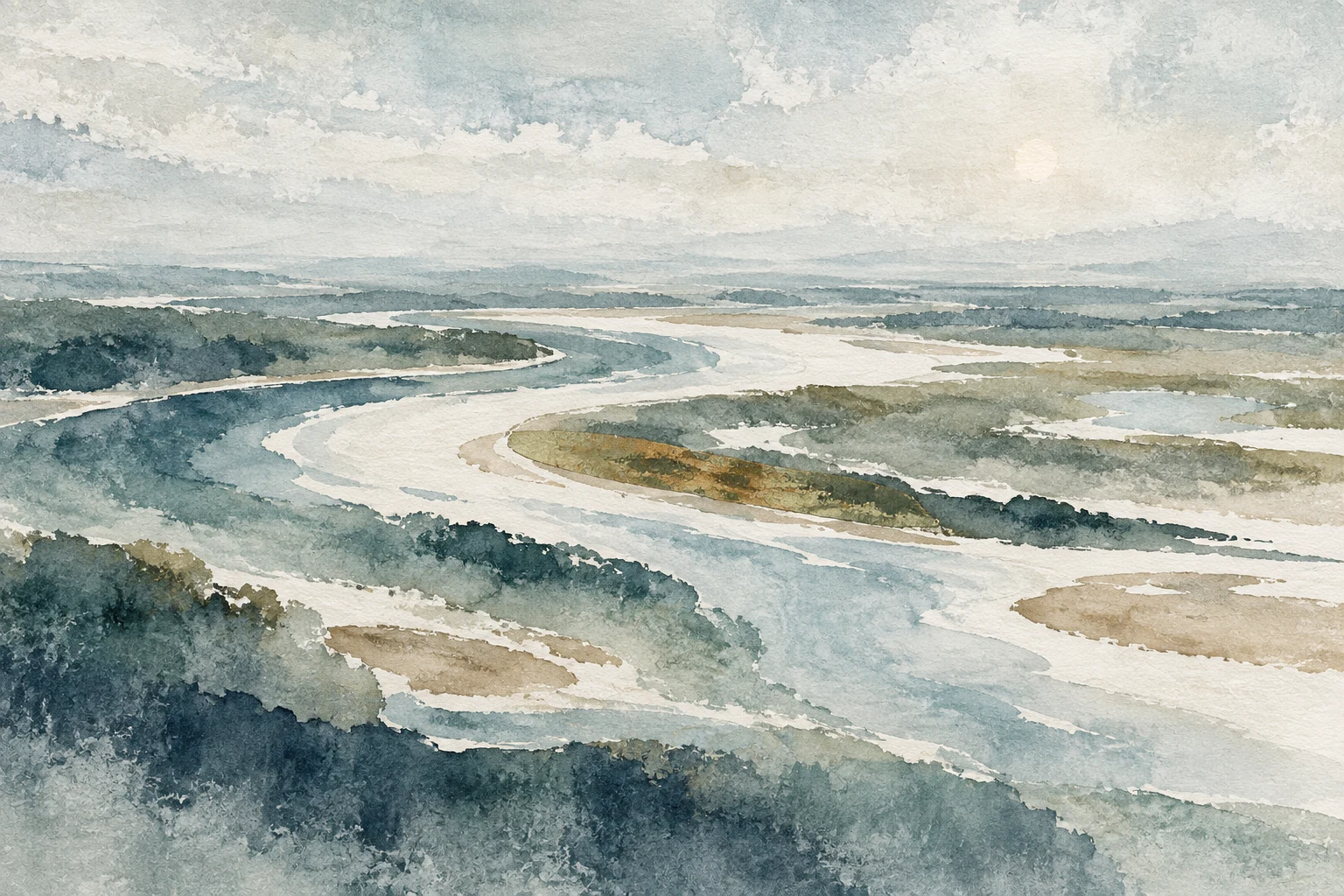 A river bend from above in cream, gray, stone, green; landscape artwork.