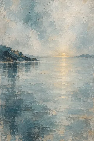 A calm bay with one brass sun low on the horizon in stone, gray, cream, green; portrait artwork.
