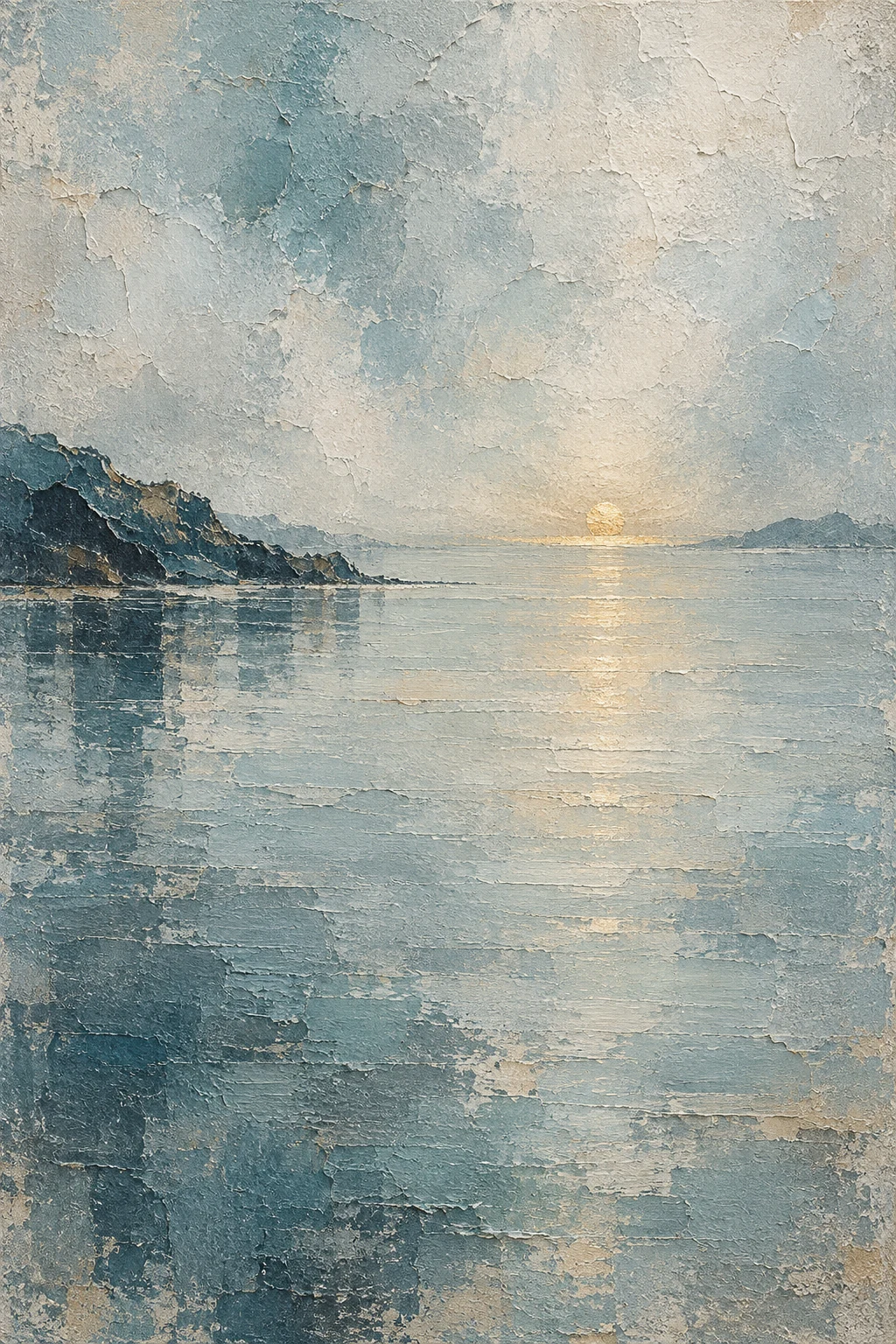 A calm bay with one brass sun low on the horizon in stone, gray, cream, green; portrait artwork.