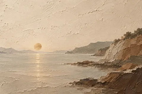 A calm bay with one brass sun low on the horizon in cream, sand, stone, brown; landscape artwork.