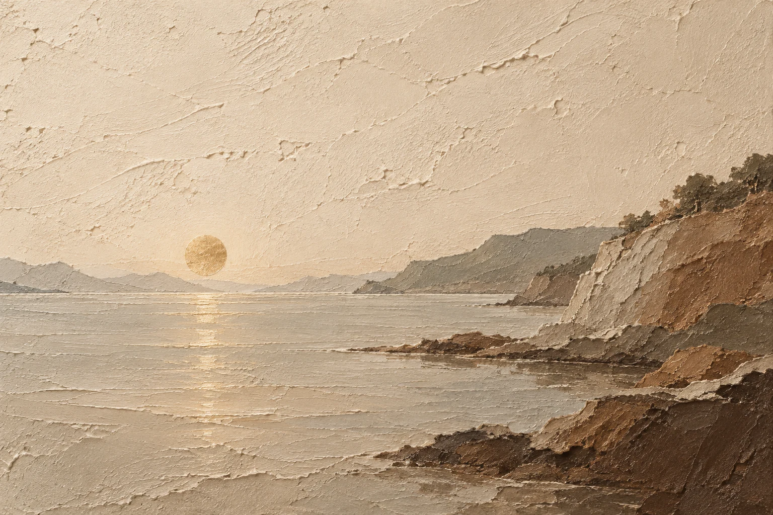 A calm bay with one brass sun low on the horizon in cream, sand, stone, brown; landscape artwork.