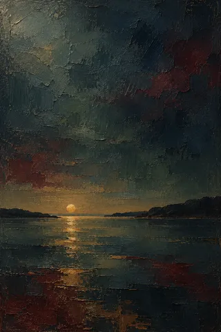 A calm bay with one brass sun low on the horizon in black, charcoal, brown; portrait artwork.