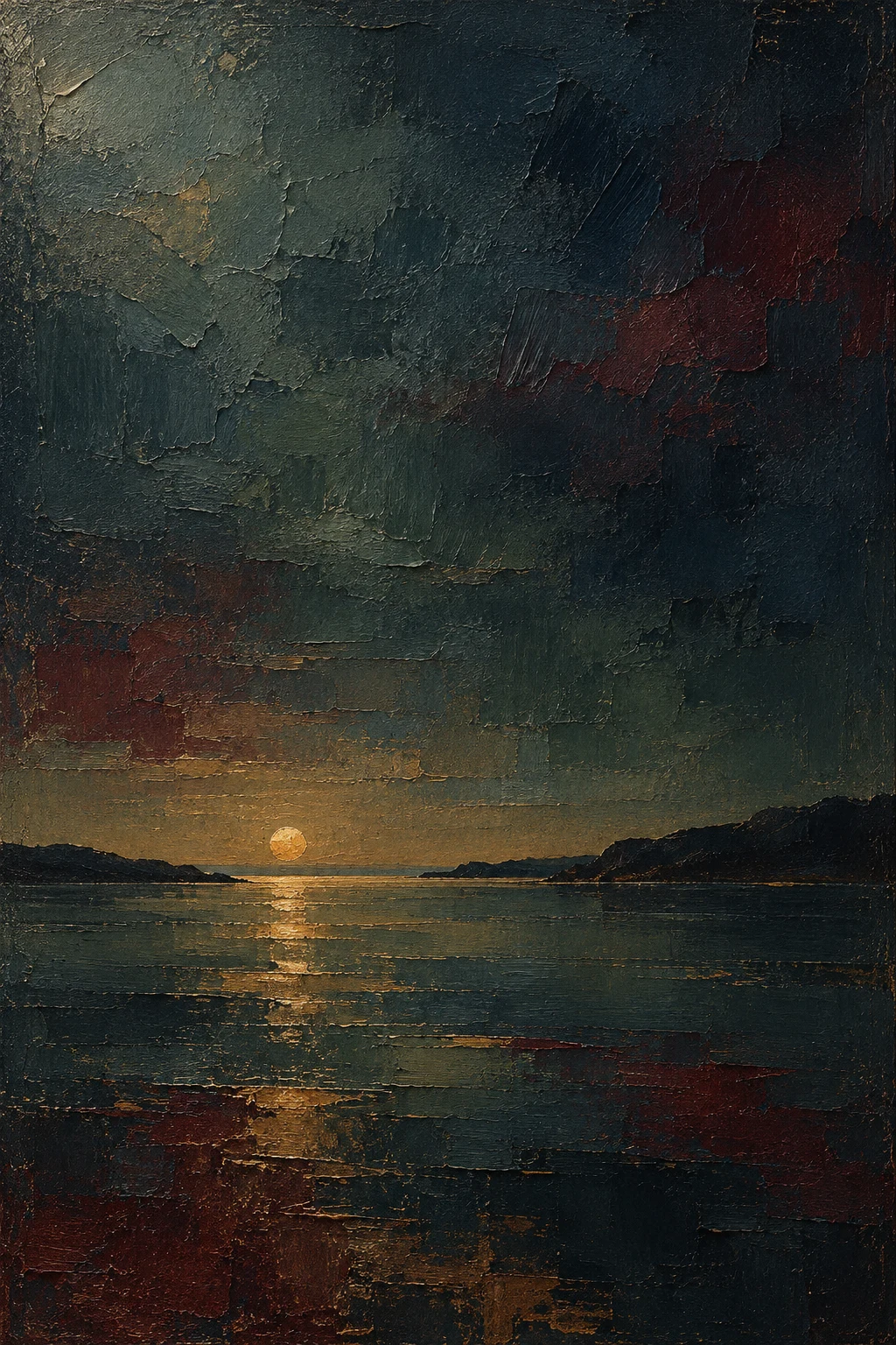 A calm bay with one brass sun low on the horizon in black, charcoal, brown; portrait artwork.