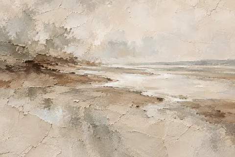 A tidal flat at low water in cream, stone, sand, taupe; landscape artwork.