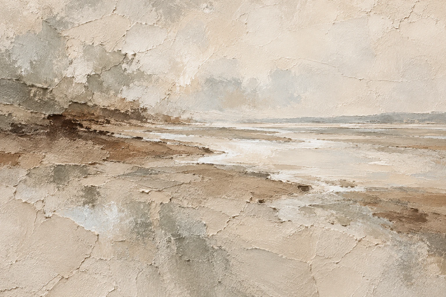 A tidal flat at low water in cream, stone, sand, taupe; landscape artwork.