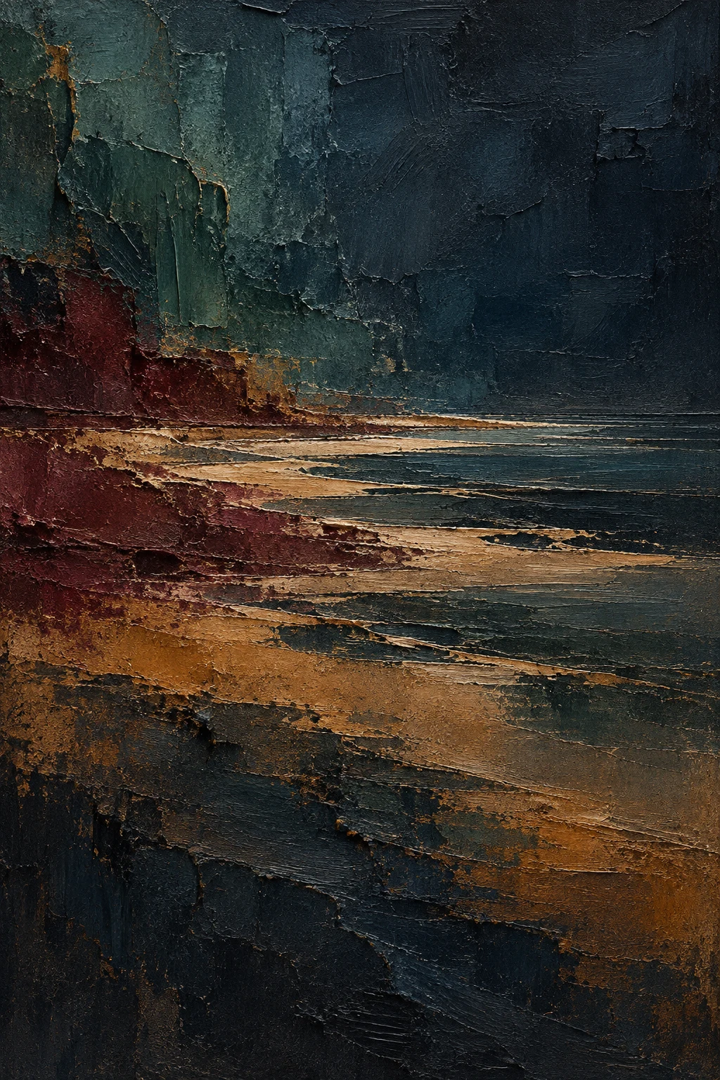 Wet sand ribbons after the tide in black, charcoal, olive; portrait artwork.