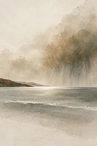 A rain shower veil over the sea in cream, stone, sand, gray; portrait artwork.