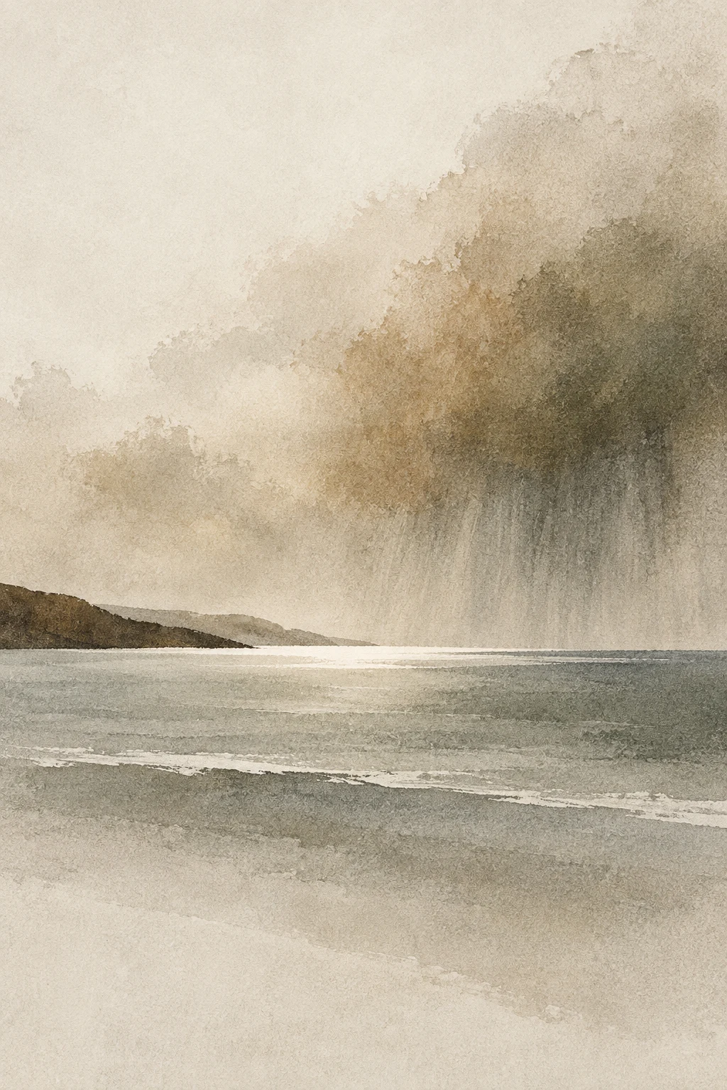 A rain shower veil over the sea in cream, stone, sand, gray; portrait artwork.