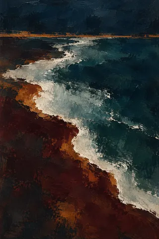 A shoreline foam line seen from above in black, gray, charcoal; portrait artwork.