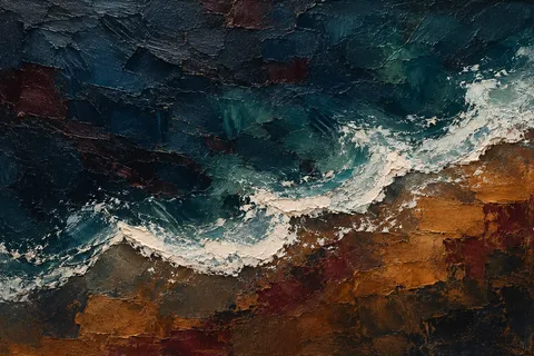 A shoreline foam line seen from above in black, burgundy, navy, brown; landscape artwork.