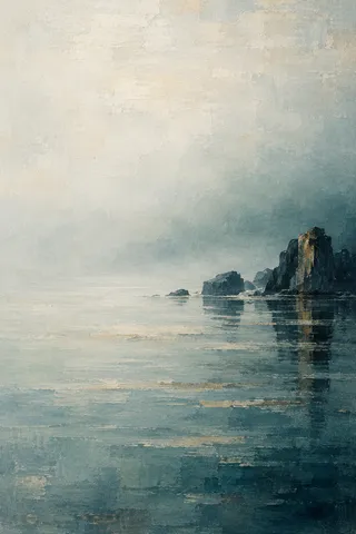 A still water surface as pure tonal bands in stone, cream, gray, green; portrait artwork.