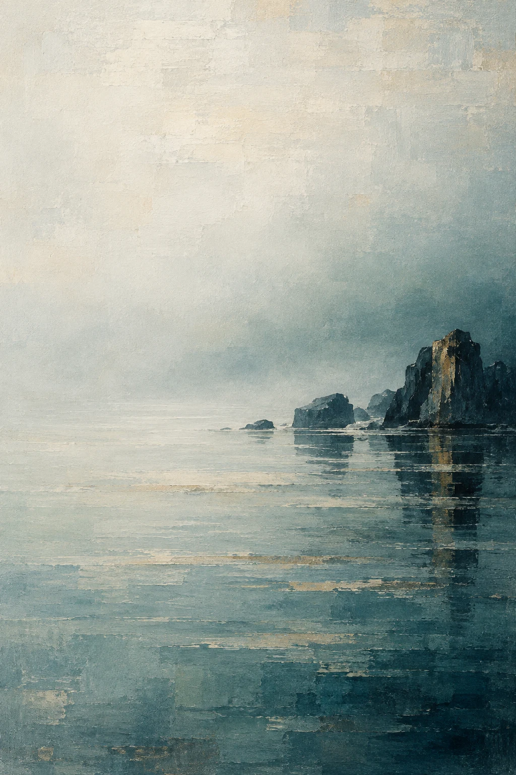 A still water surface as pure tonal bands in stone, cream, gray, green; portrait artwork.