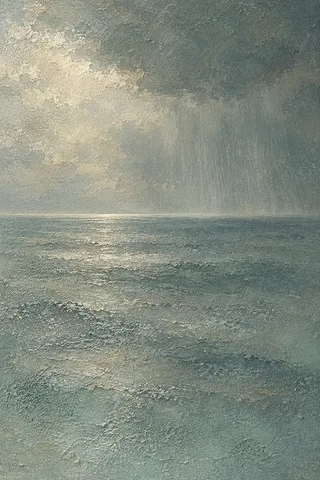 A rain shower veil over the sea in gray, stone, charcoal; portrait artwork.