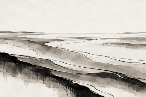 Wet sand ribbons after the tide in white, cream, gray, stone; landscape artwork.