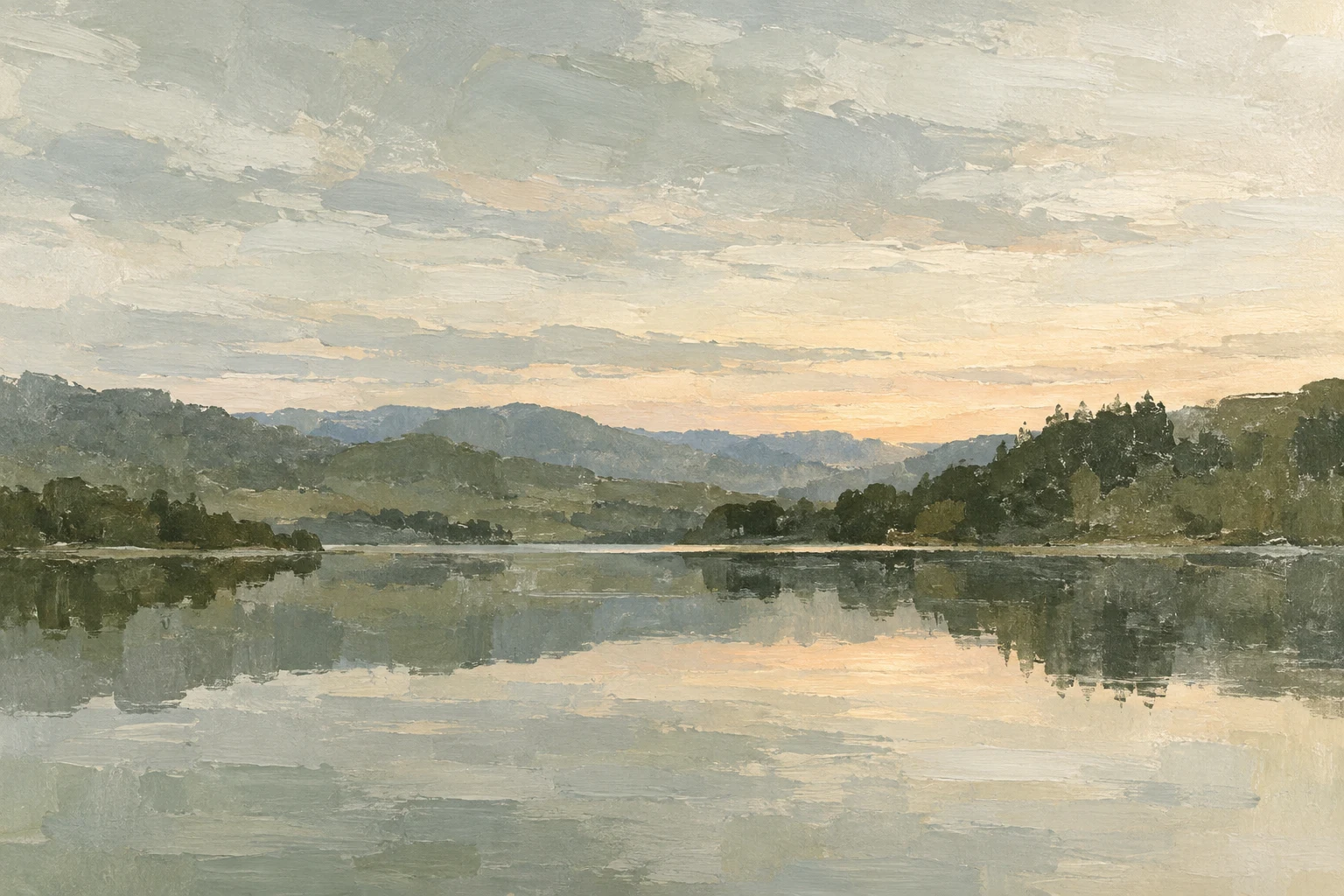 A lake at dusk, mirror still in stone, cream, taupe, olive; landscape artwork.