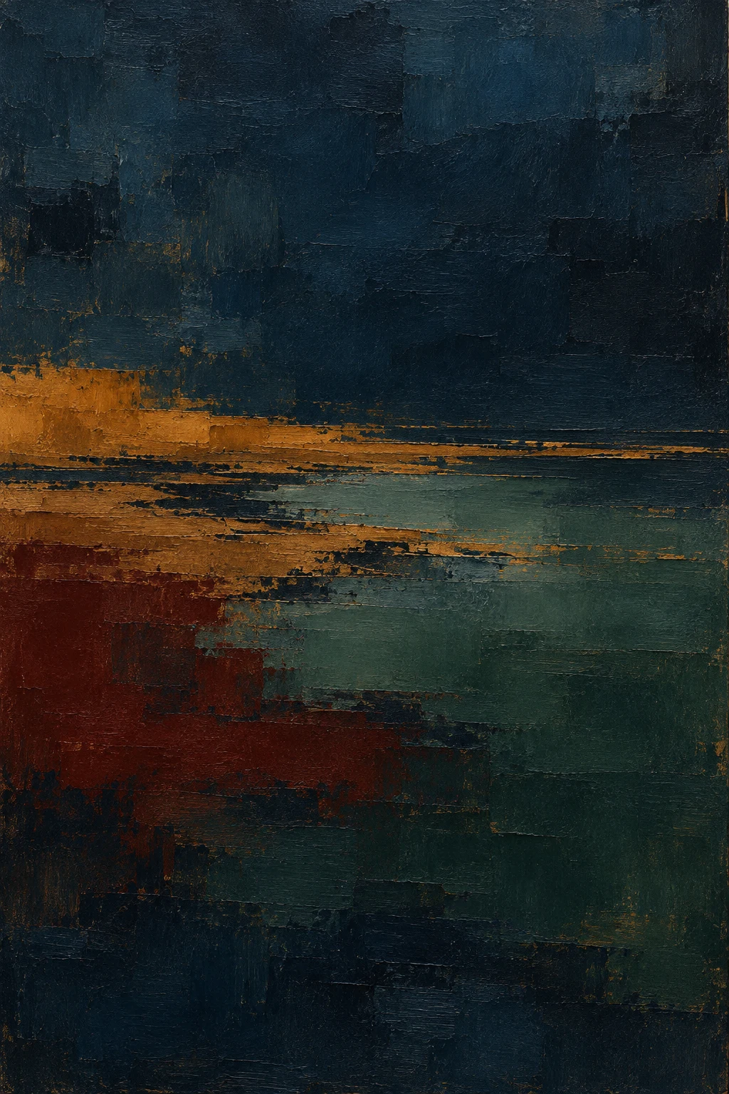 A tidal flat at low water in black, charcoal, brown; portrait artwork.