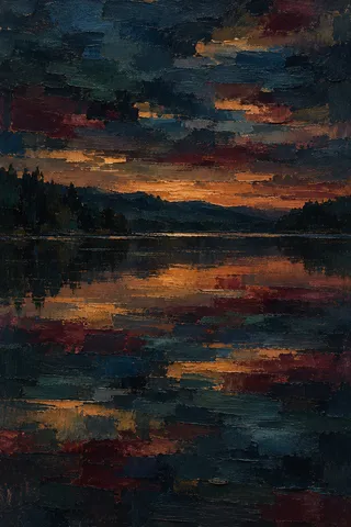 A lake at dusk, mirror still in black, burgundy, navy, brown; portrait artwork.