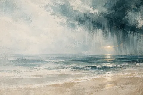 A rain shower veil over the sea in stone, cream, gray, charcoal; landscape artwork.