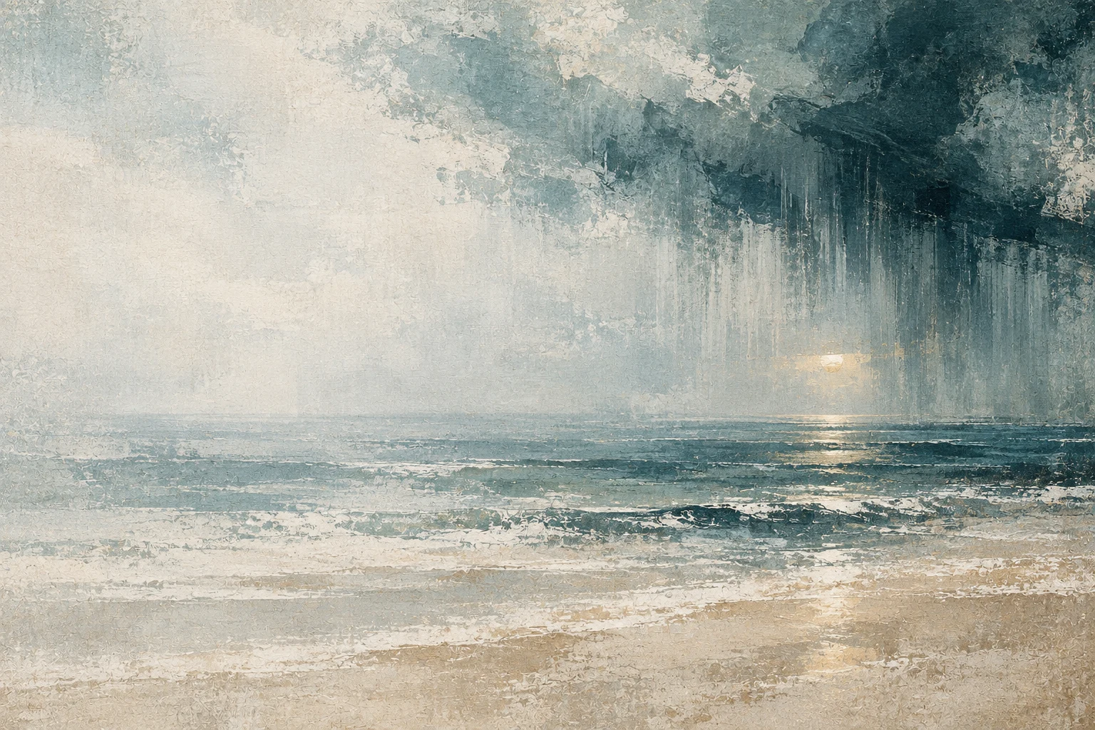 A rain shower veil over the sea in stone, cream, gray, charcoal; landscape artwork.