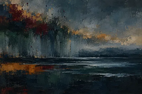 A rain shower veil over the sea in black, charcoal, navy, gray; landscape artwork.