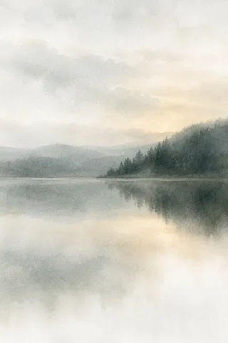 A lake at dusk, mirror still in cream, white, stone, charcoal; portrait artwork.