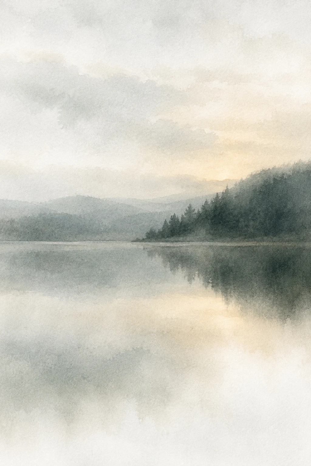 A lake at dusk, mirror still in cream, white, stone, charcoal; portrait artwork.