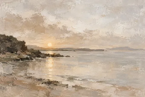 A calm bay with one brass sun low on the horizon in stone, cream, sand, olive; landscape artwork.