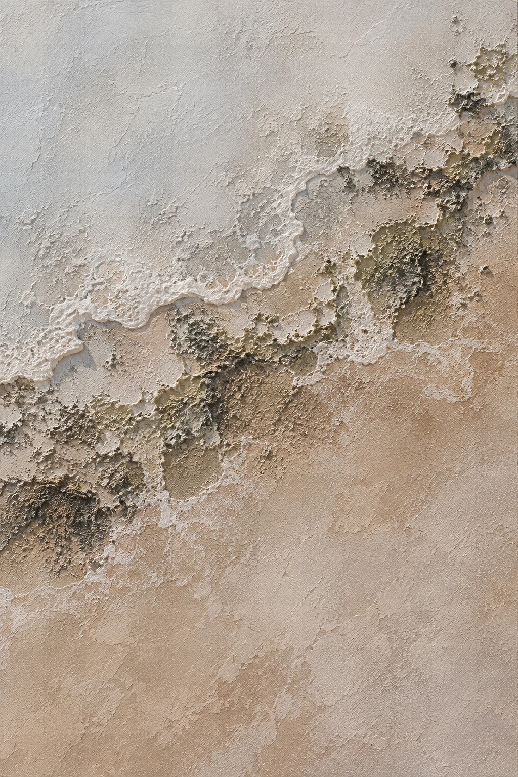 A shoreline foam line seen from above in sand, stone, gray, taupe; portrait artwork.