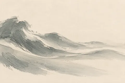 Long slow swells with no shore in cream, stone, gray; landscape artwork.
