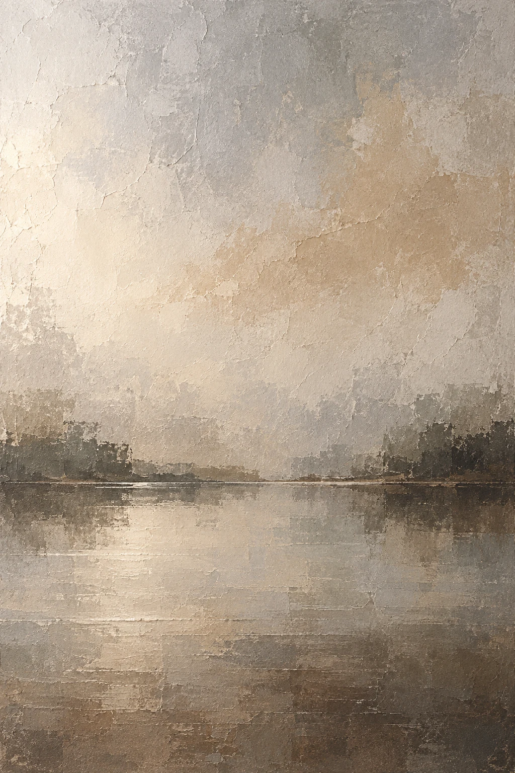A still water surface as pure tonal bands in sand, stone, taupe, cream; portrait artwork.