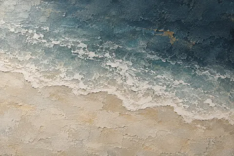 A shoreline foam line seen from above in stone, gray, navy, green; landscape artwork.