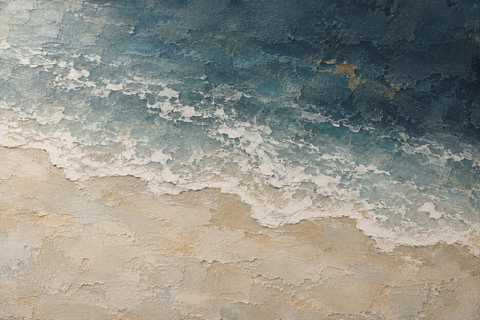 A shoreline foam line seen from above in stone, gray, navy, green; landscape artwork.